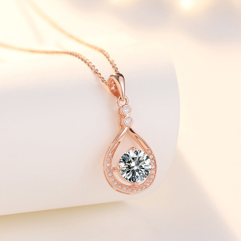 Round Zircon Hollow Water Drop Pendant Silver Necklace for Women
