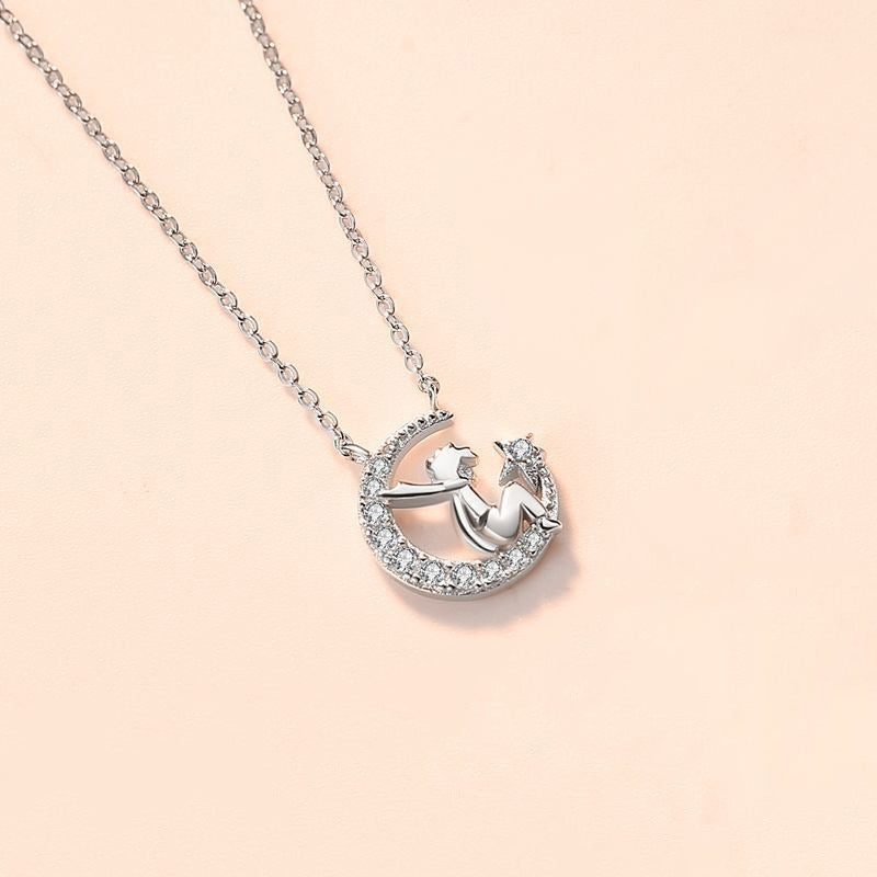 Little Prince with Zircon Moon Pendant Silver Necklace for Women