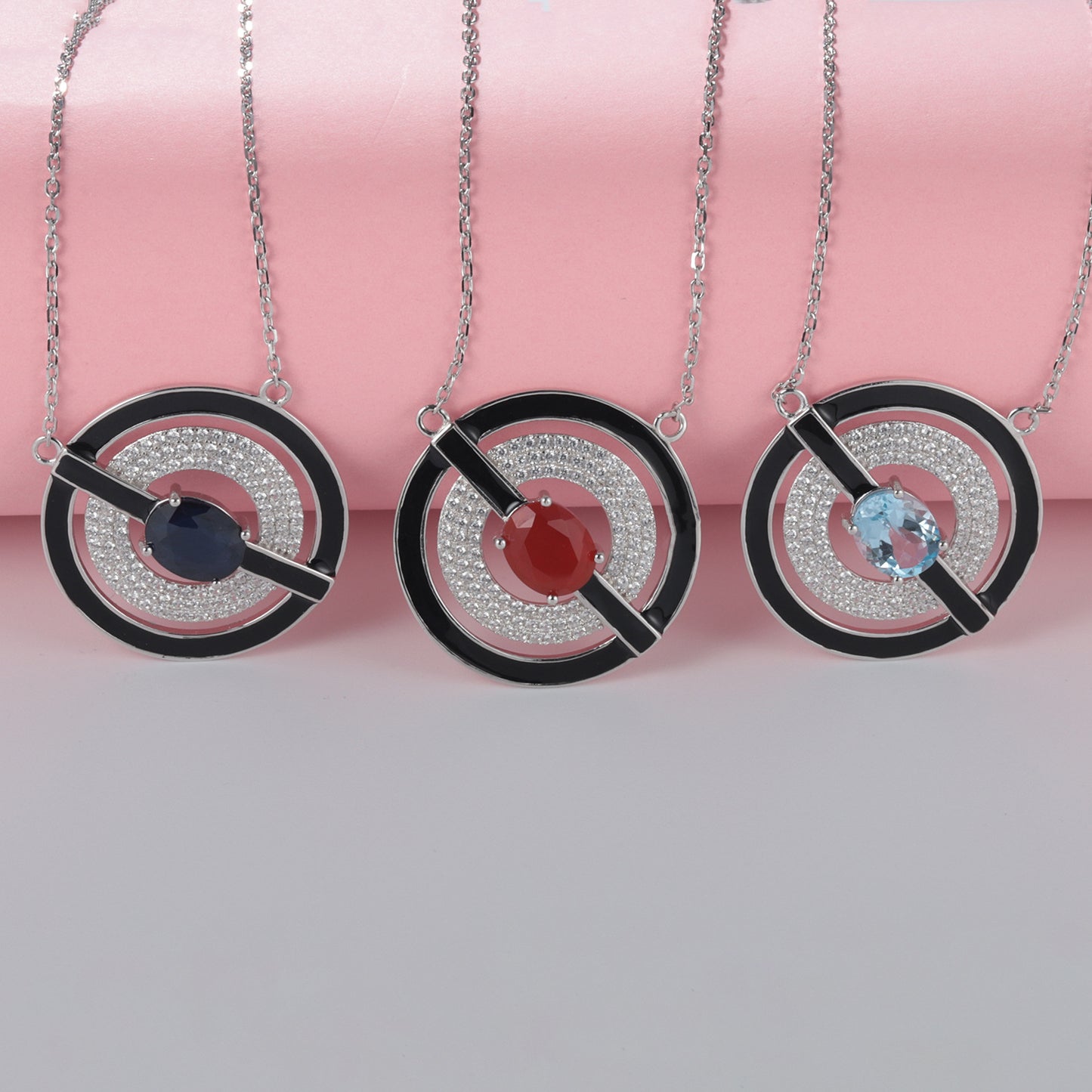 Personality Ring Design Natural Colorful Gemstone Enamel Circle Pendant Silver Necklace for Women
