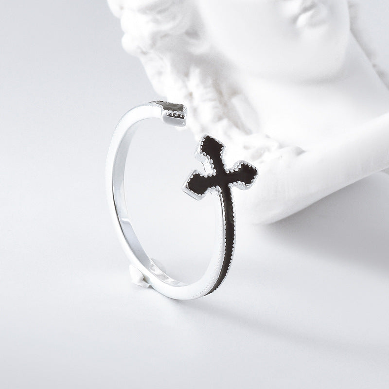Black Cross Silver Ring for Women