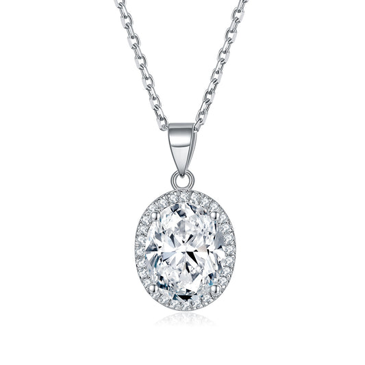 Oval Zircon Soleste Halo Pendant Silver Necklace for Women