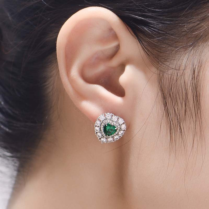Lab-Created Emerald 6*6mm Heart Shape Soleste Halo Silver Studs Earrings for Women