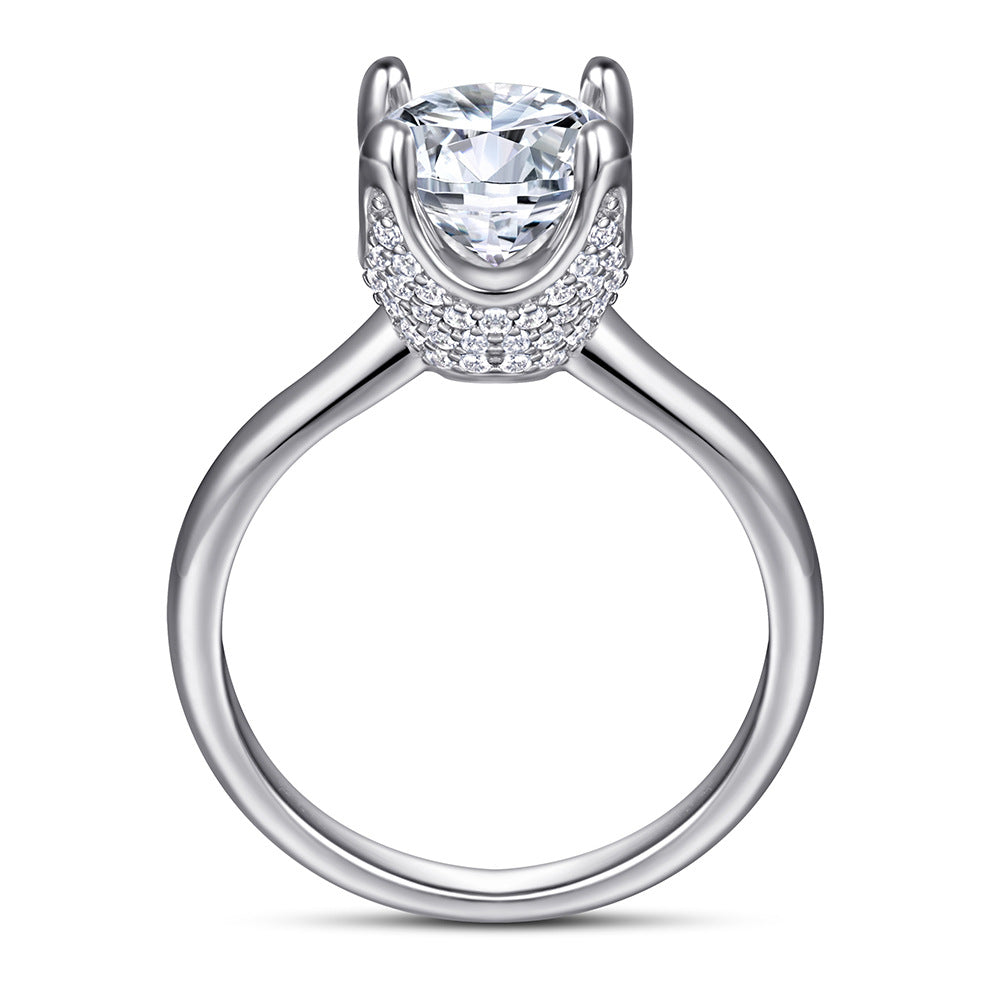 Round Zircon Four Prongs with Zircon Solitaire Silver Ring