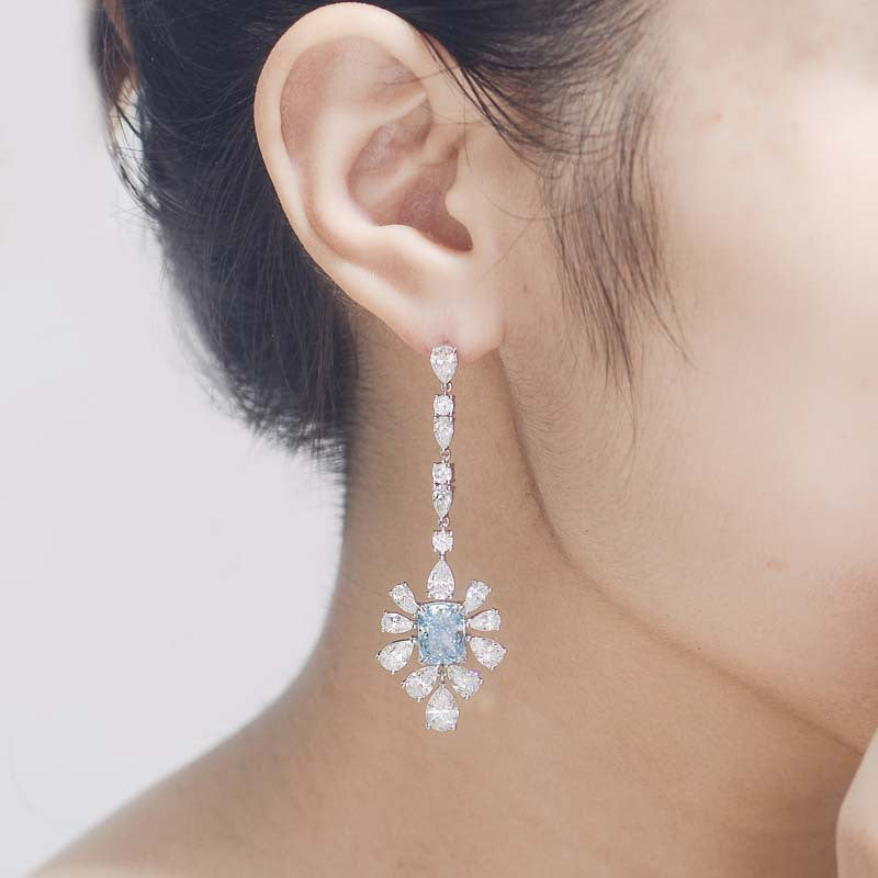 Blue Zircon 7*9mm Rectangle Ice Cut with Chain Annular Petals Silver Drop Earrings for Women