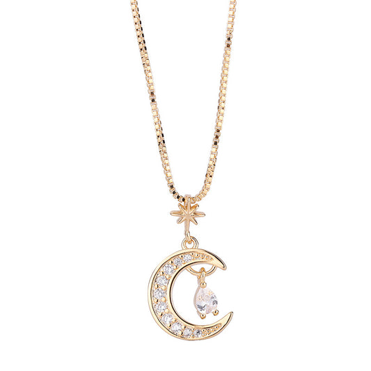 Star Moon with Pear Drop Zircon Peandant Silver Necklace for Women