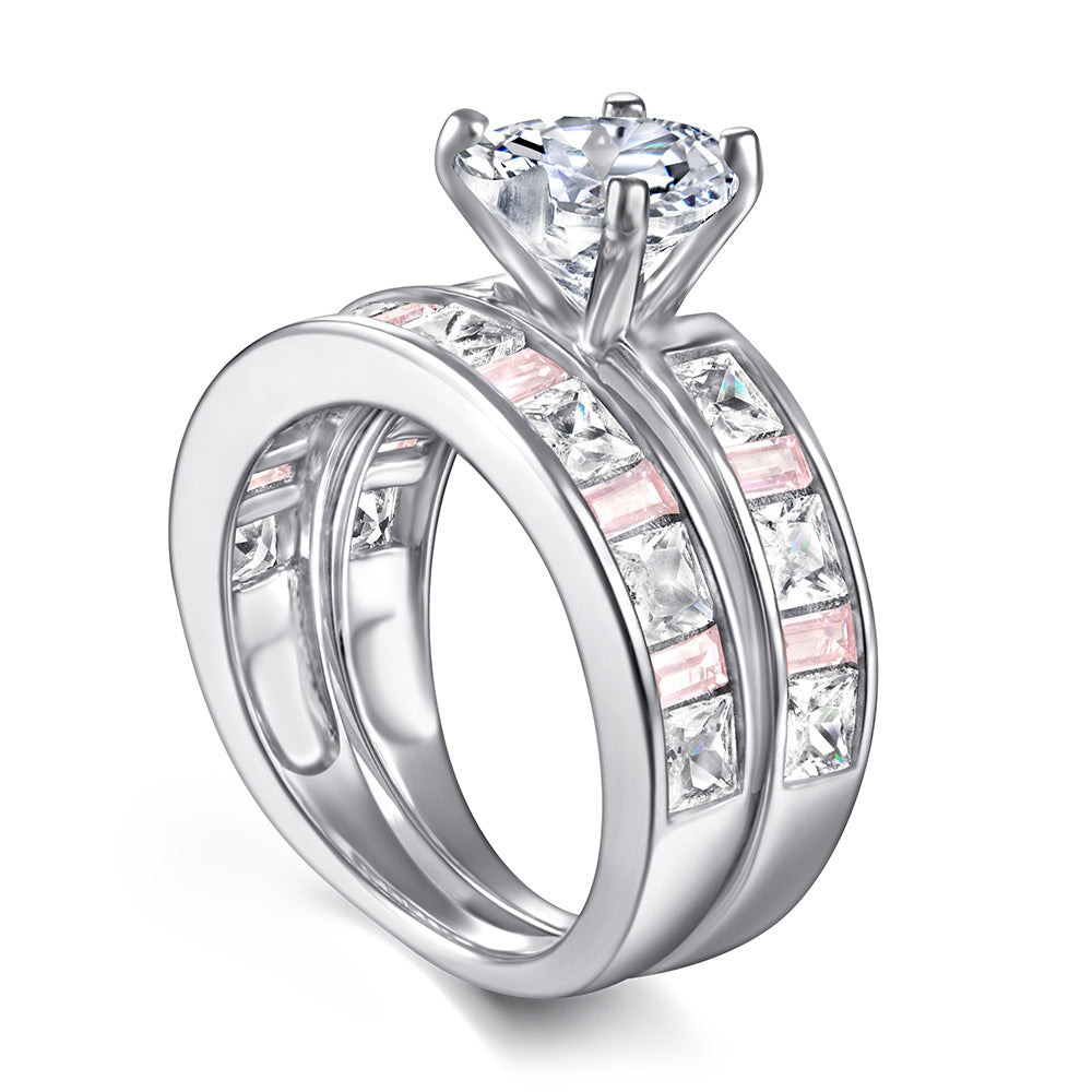 Heart-shaped Zircon with Rectangle Pink Zircon Silver Ring Set for Women