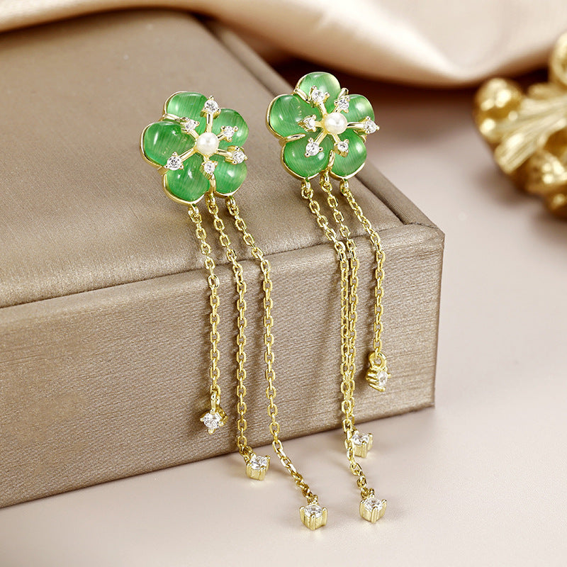 Green Opal Stone Flower Tassel Silver Earrings for Women