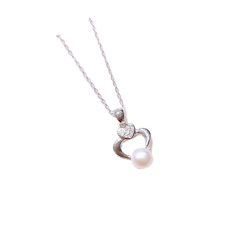 Natural Freshwater Pearl with Zircon Heart Pendant Silver Necklace for Women