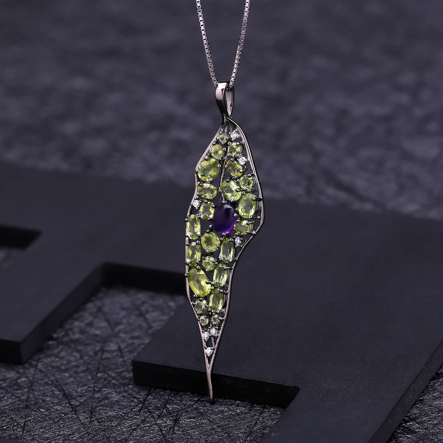 Italian Craft Design Natural Style Jewelry Colourful Gemstone Leaf Pendant Silver Necklace for Women