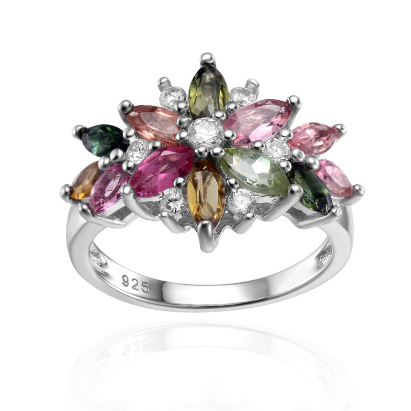 Luxury Fashion Design Natural Colourful Gemstone Flower Petals Sterling Silver Ring for Women