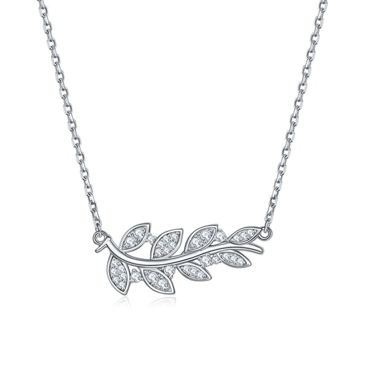 Zircon Wheat Ear Leaf Pendant Silver Necklace for Women