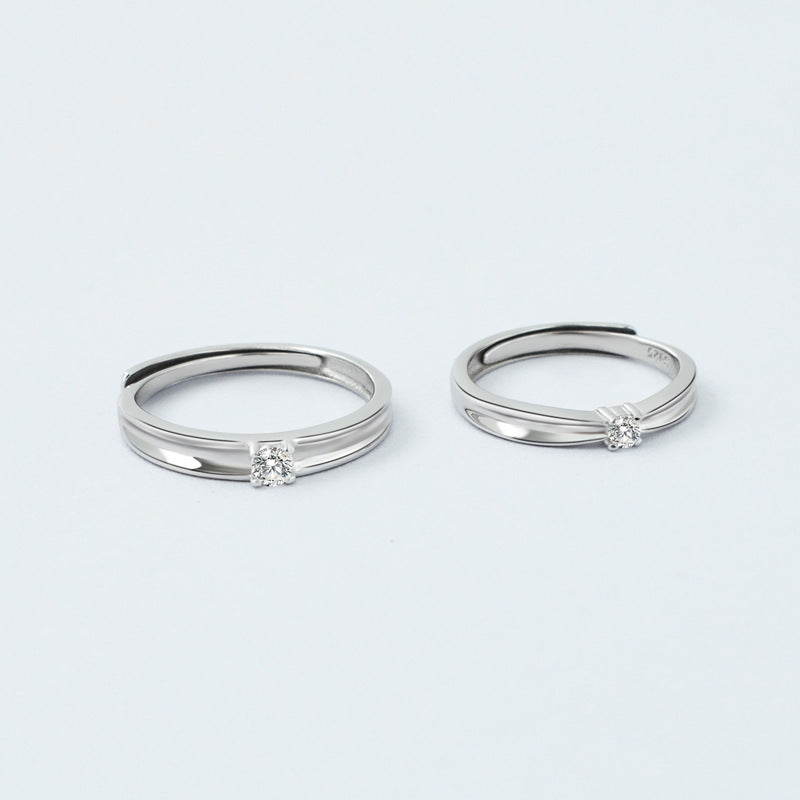 Single Zircon Concave Silver Couple Ring