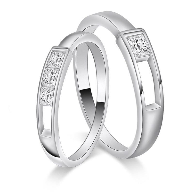 Hollow-out Rectangle with Square Zircon Silver Couple Ring for Women