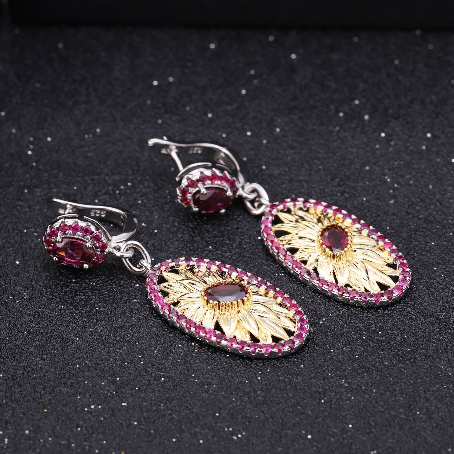 Italian Rose Pomegranate Sunflower Oval Shape Silver Drop Earrings for Women