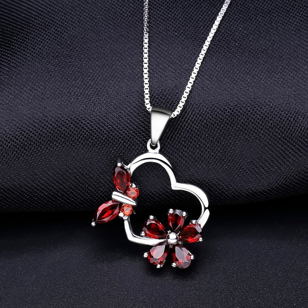 Temperament Style Inlaid Natural Garnet Heart with Flower and Butterfly Pendant Silver Collarbone Necklace for Women