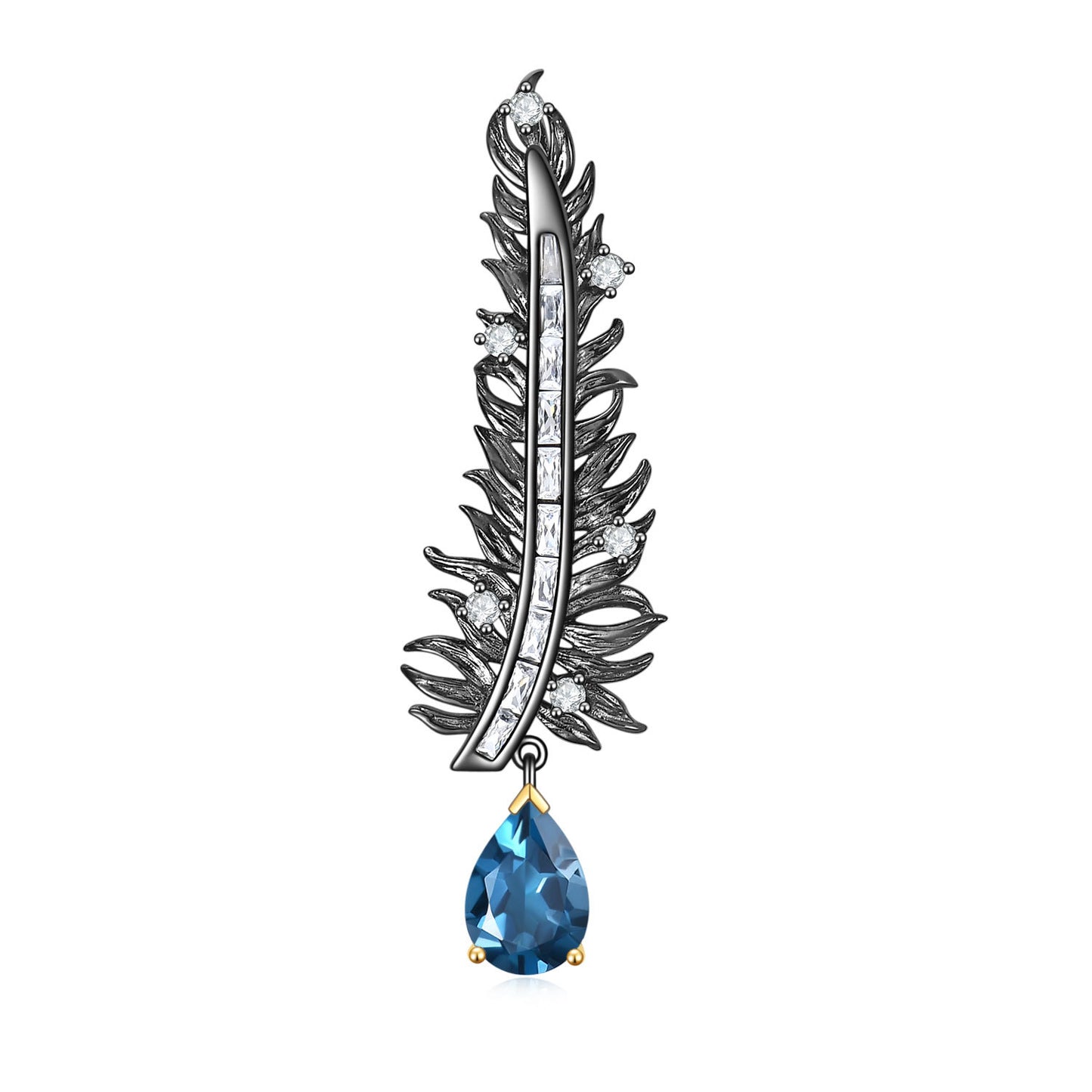 Feather Style  Natural Colourful Gemstone Brooch Pendant Dual-use Silver Necklace for Women