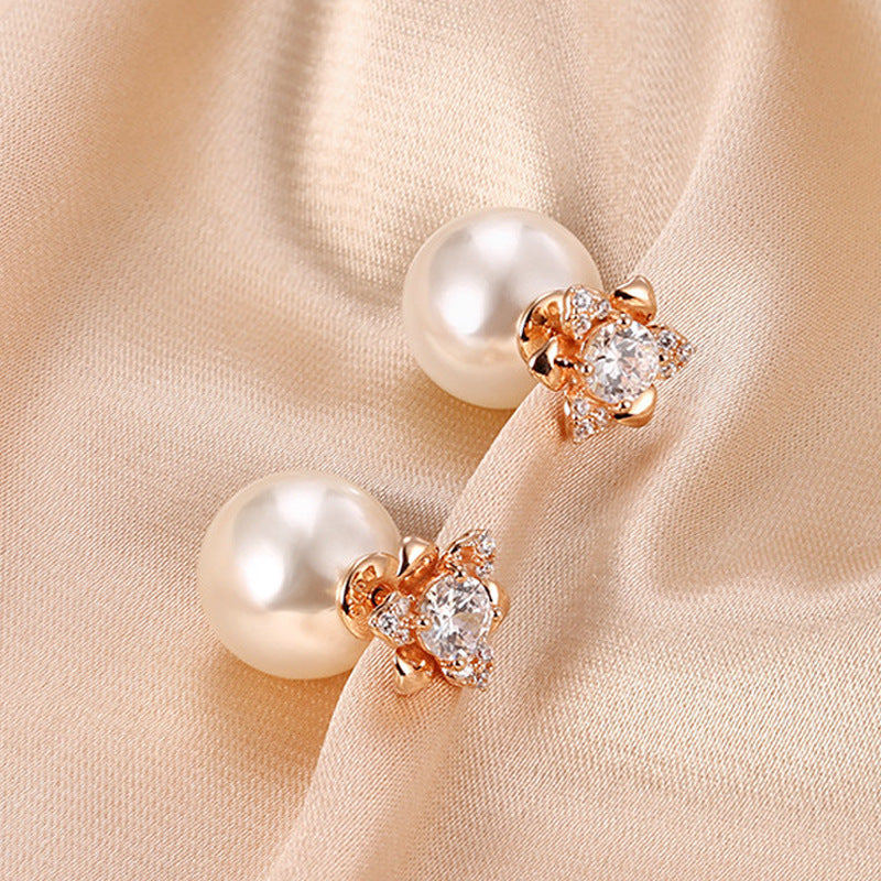 Round Zircon Camellia with Pearl Silver Studs Earrings for Women