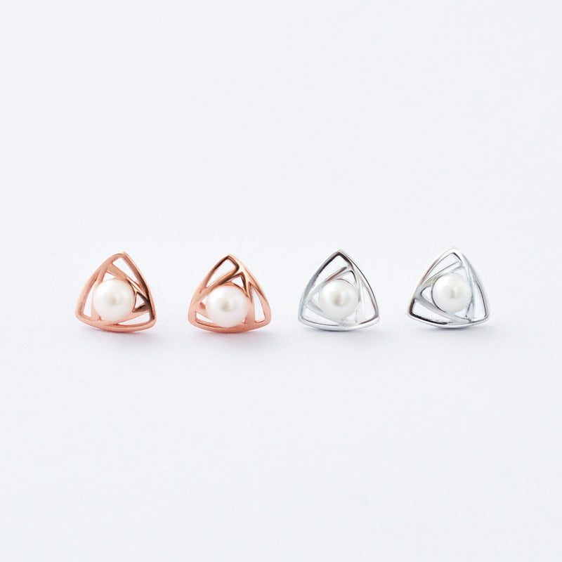 Triangle with Pearl Silver Studs Earrings for Women