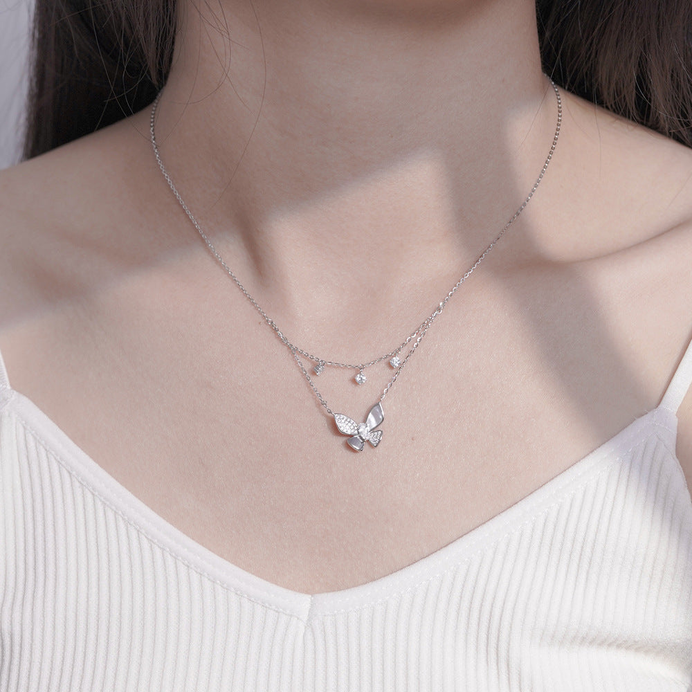 (Two Colours) White Zircon Butterfly Pendants Silver Two-ply Collarbone Necklace for Women