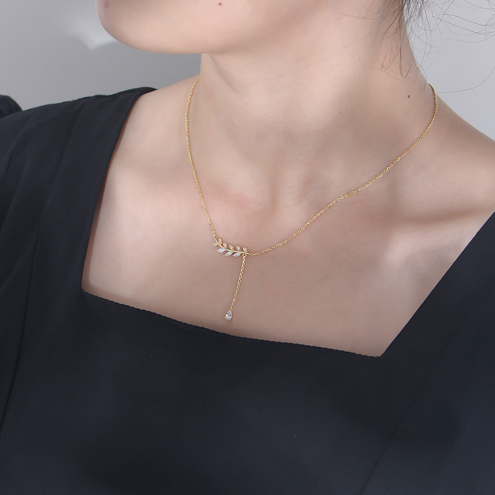 White Zircon Leaf Tassel Sterling Silver Collarbone Necklace for Women