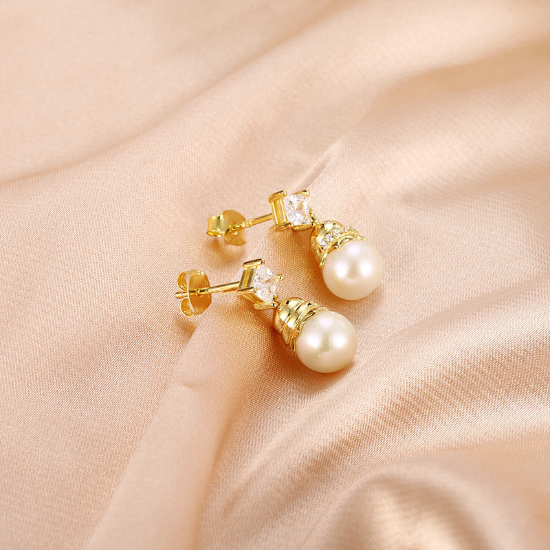 Freshwater Pearl Gourd with Princess Cut Zircon Silver Drop Earrings for Women