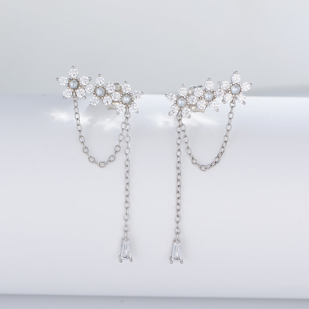 Zircon Flower with Pearl Tassel Silver Drop Earrings for Women