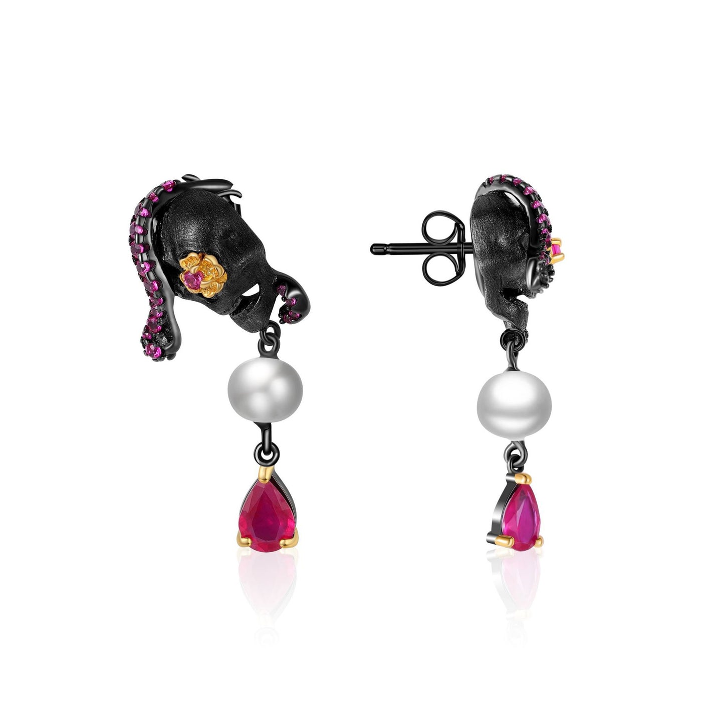 Dark Retro Style Skull with Natural Freshwater Pearl Silver Drop Earrings for Women