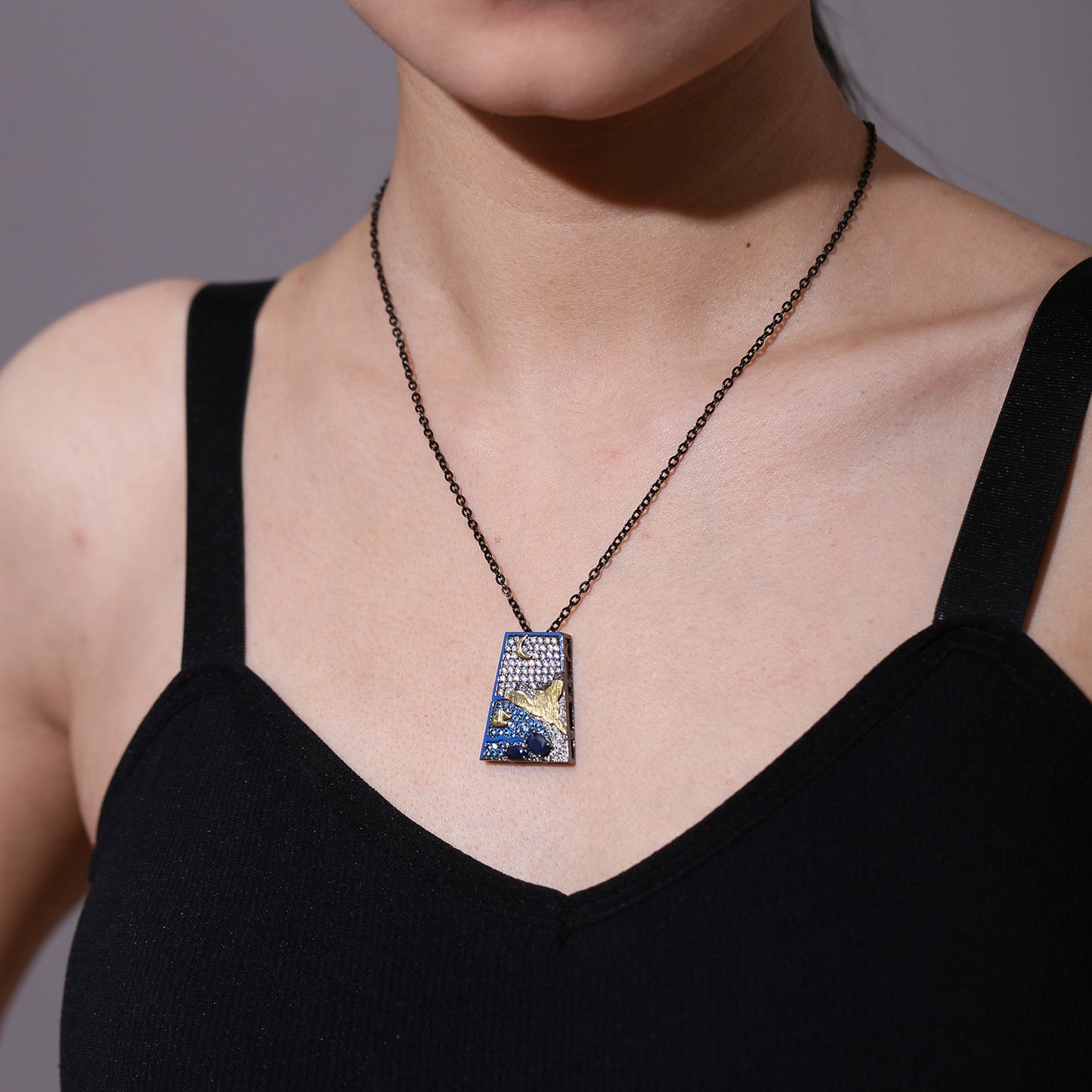 Original Design Inlaid Natural Colourful Gemstone Moonlight Trapezoid Pendant  Silver Necklace for Women