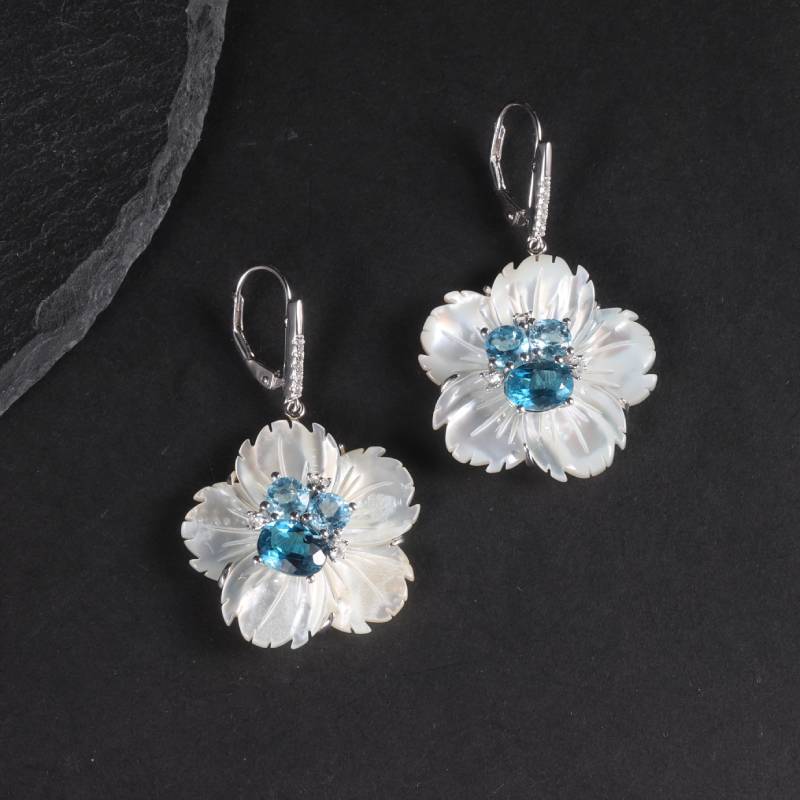 Natural Topaz with Shell Material Flower Silver Earrings for Women