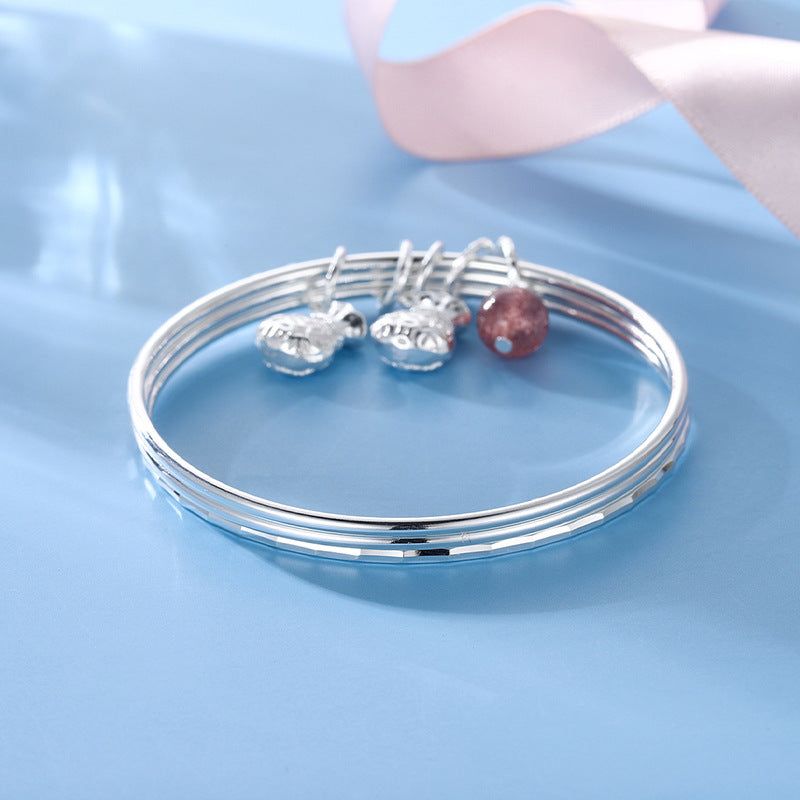 Strawberry Crystal and Blessing Bag Pendants Silver Bracelet for Women