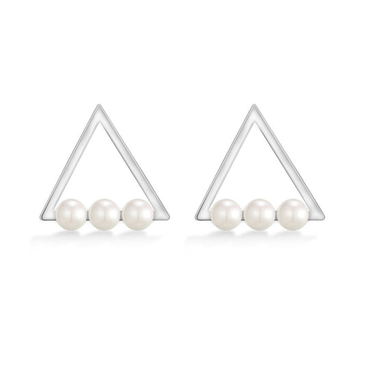 Hollow Triangle with Freshwater Pearl Silver Stud Earrings for Women
