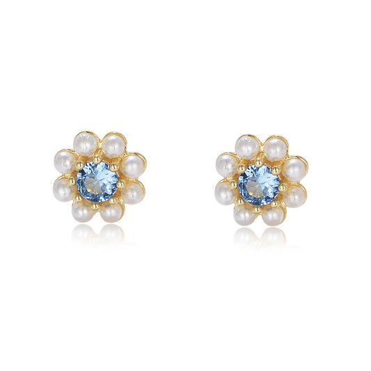 Blue Zircon with Pearl Flower Silver Studs Earrings for Women