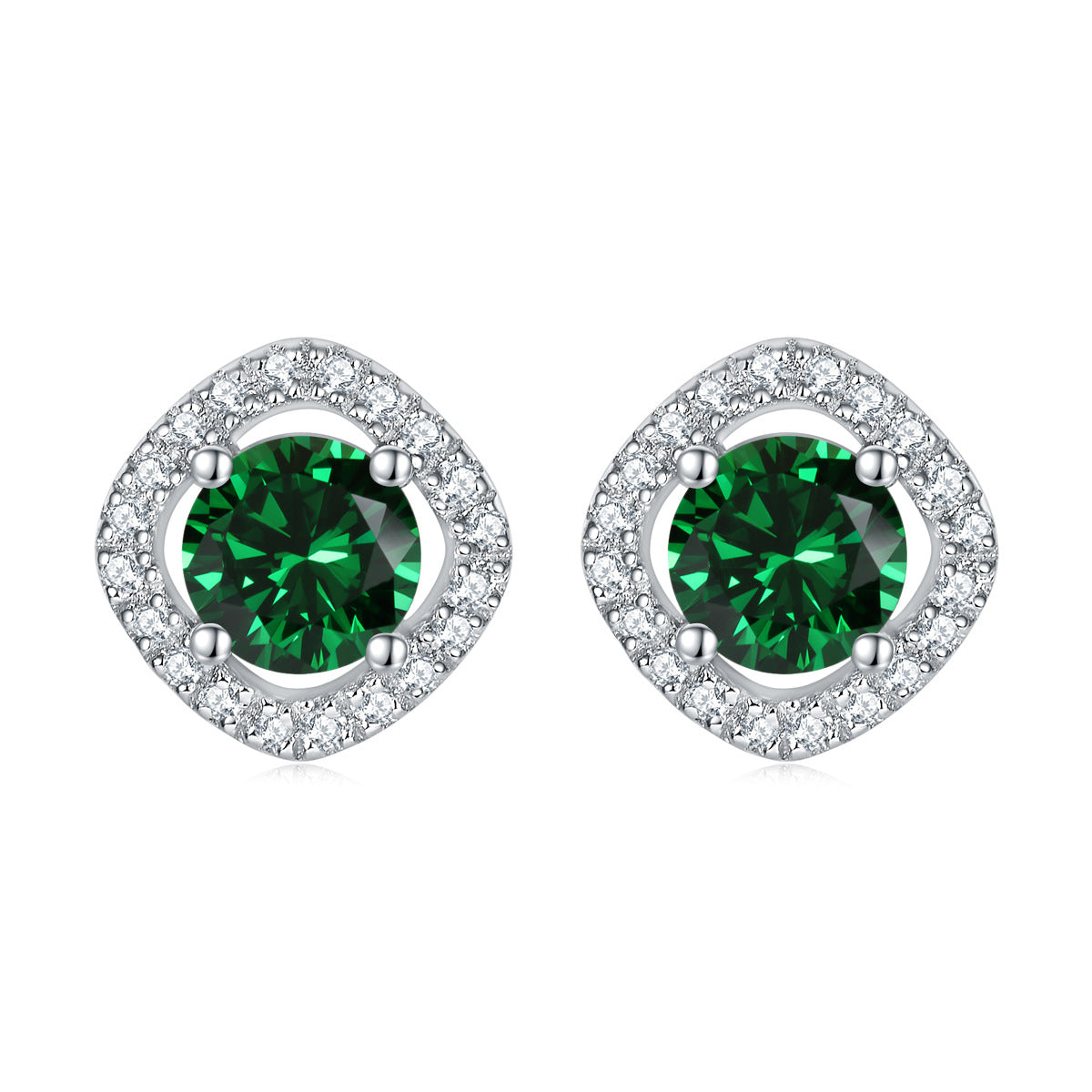 Round Zircon Square Soleste Halo Silver Studs Earrings for Women