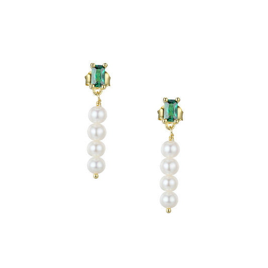 Emerald Cut Green Zircon with Beading Pearl Silver Drop Earrings for Women