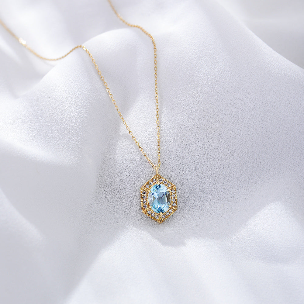 Retro Natural Sky Blue Topaz Soleste Halo Silver Necklace for Women