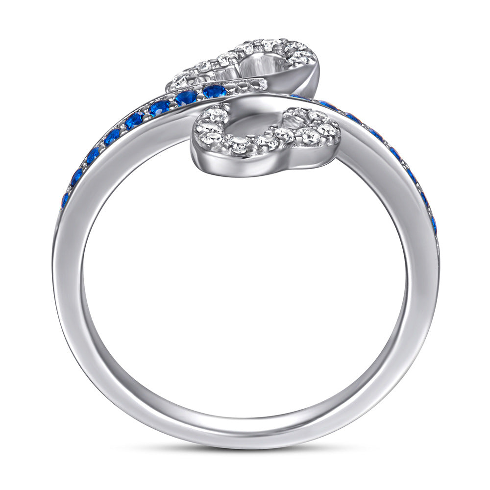 Royal Blue Zircon Exaggerated Two Hearts Silver Ring