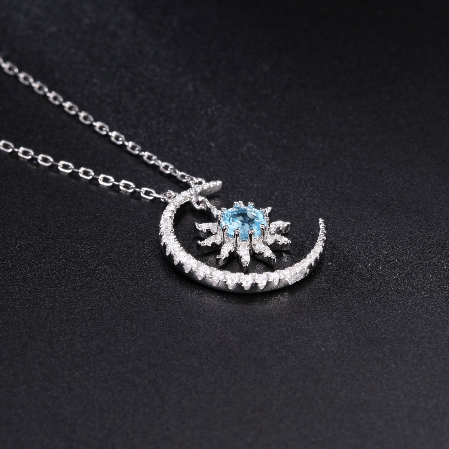 French Romantic Design Inlaid Natural Topaz Moon Sun Pendant Silver Necklace for Women