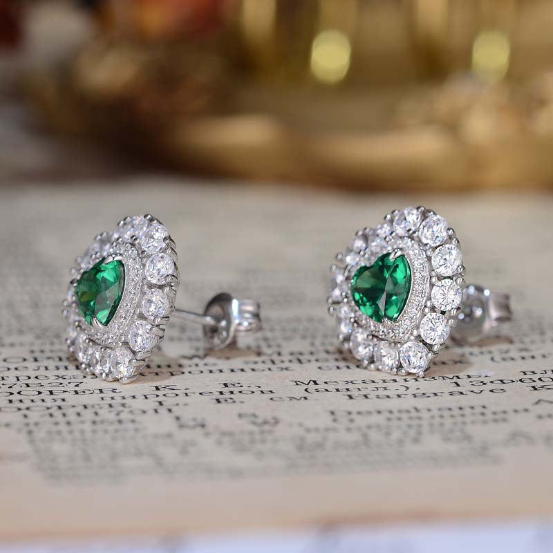 Lab-Created Emerald 6*6mm Heart Shape Soleste Halo Silver Studs Earrings for Women