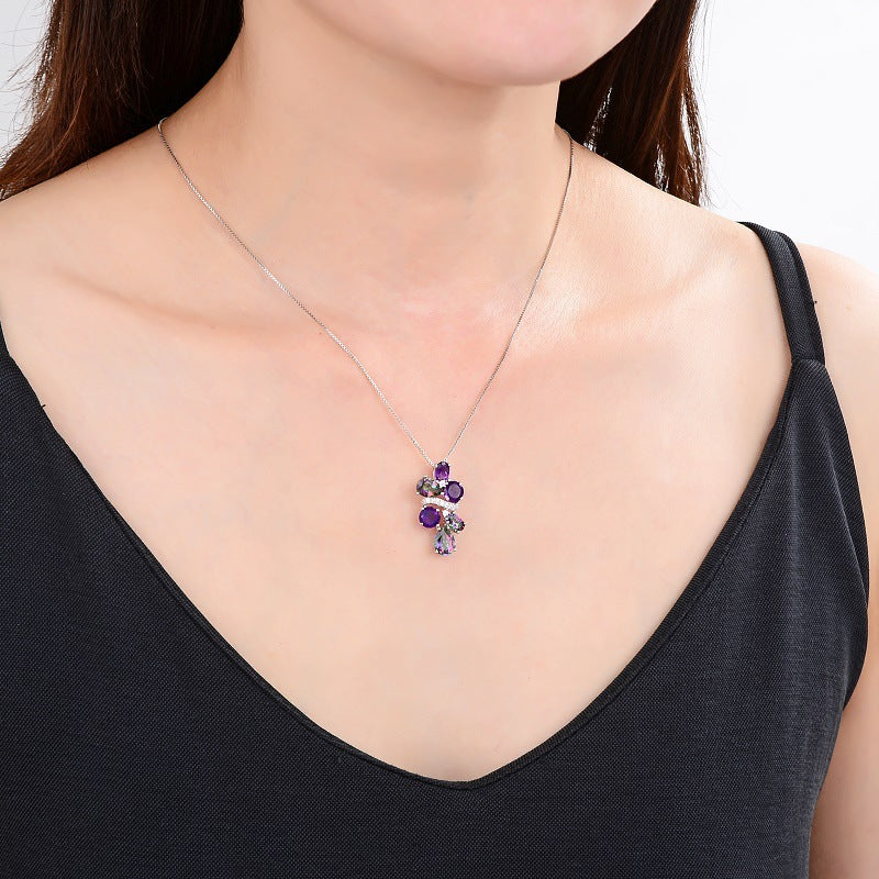 Luxury Style Inlaid Colourful Natural Gemstone Little Grape String  Pendant Silver Necklace for Women