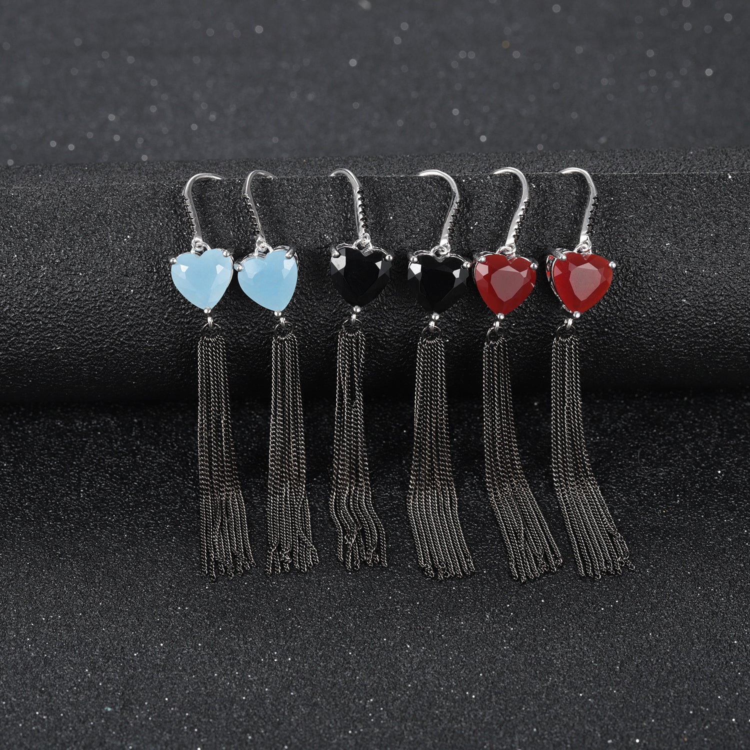 Premium Natural Colourful Gemstone Love Heart Tassel Silver Drop Earrings for Women