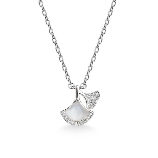 Opal Stone Ginkgo Leaf with Zircon Silver Necklace for Women
