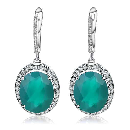 Green Agate Soleste Halo Oval Shape Silver Drop Earrings for Women