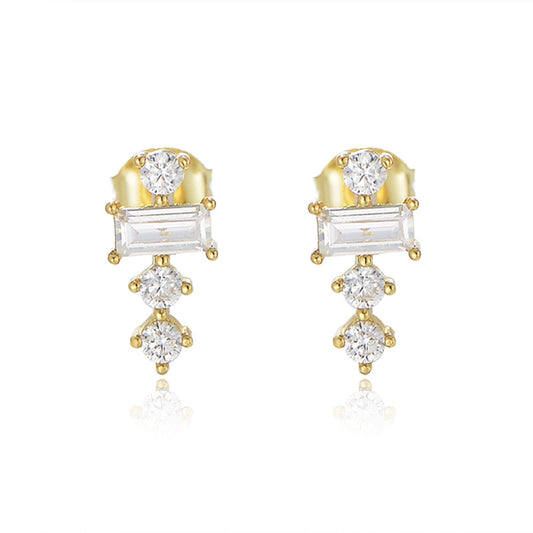 Rectangle Zircon with Beading Silver Studs Earrings for Women