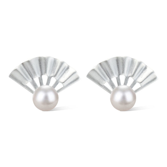 Frosting Folding Fan with Freshwater Pearl Silver Stud Earrings for Women