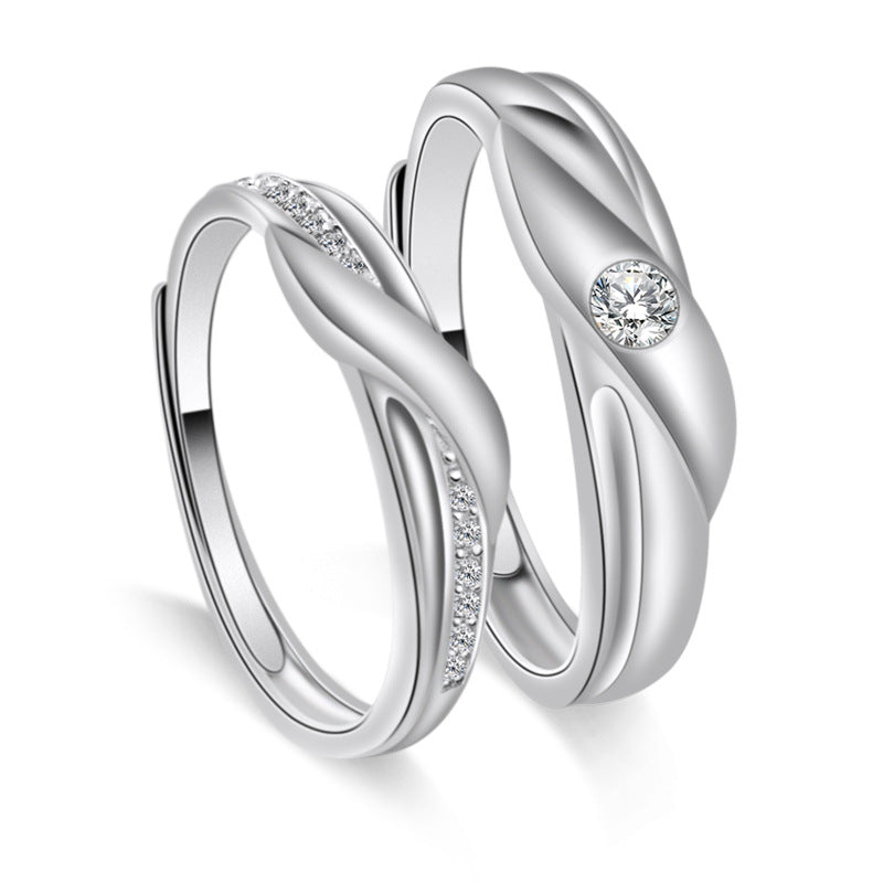 Irregular Wave Line with Zircon Silver Couple Ring for Women