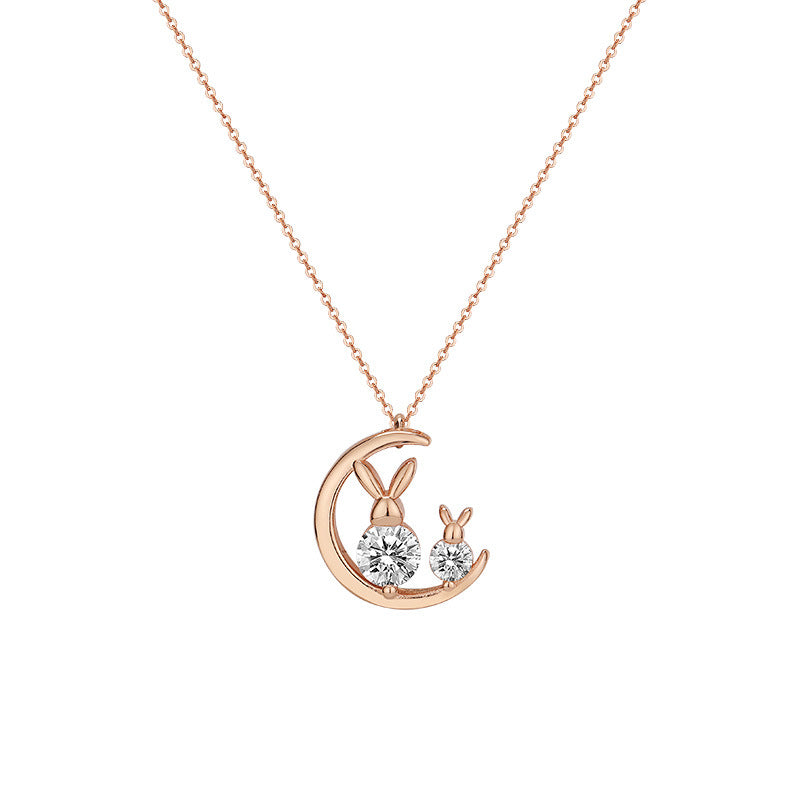 Moon Bunny with Round Zircon Pendant Silver Necklace for Women