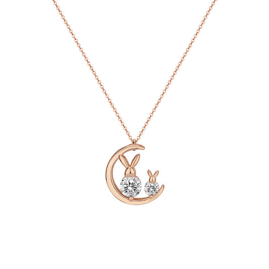 Moon Bunny with Round Zircon Pendant Silver Necklace for Women