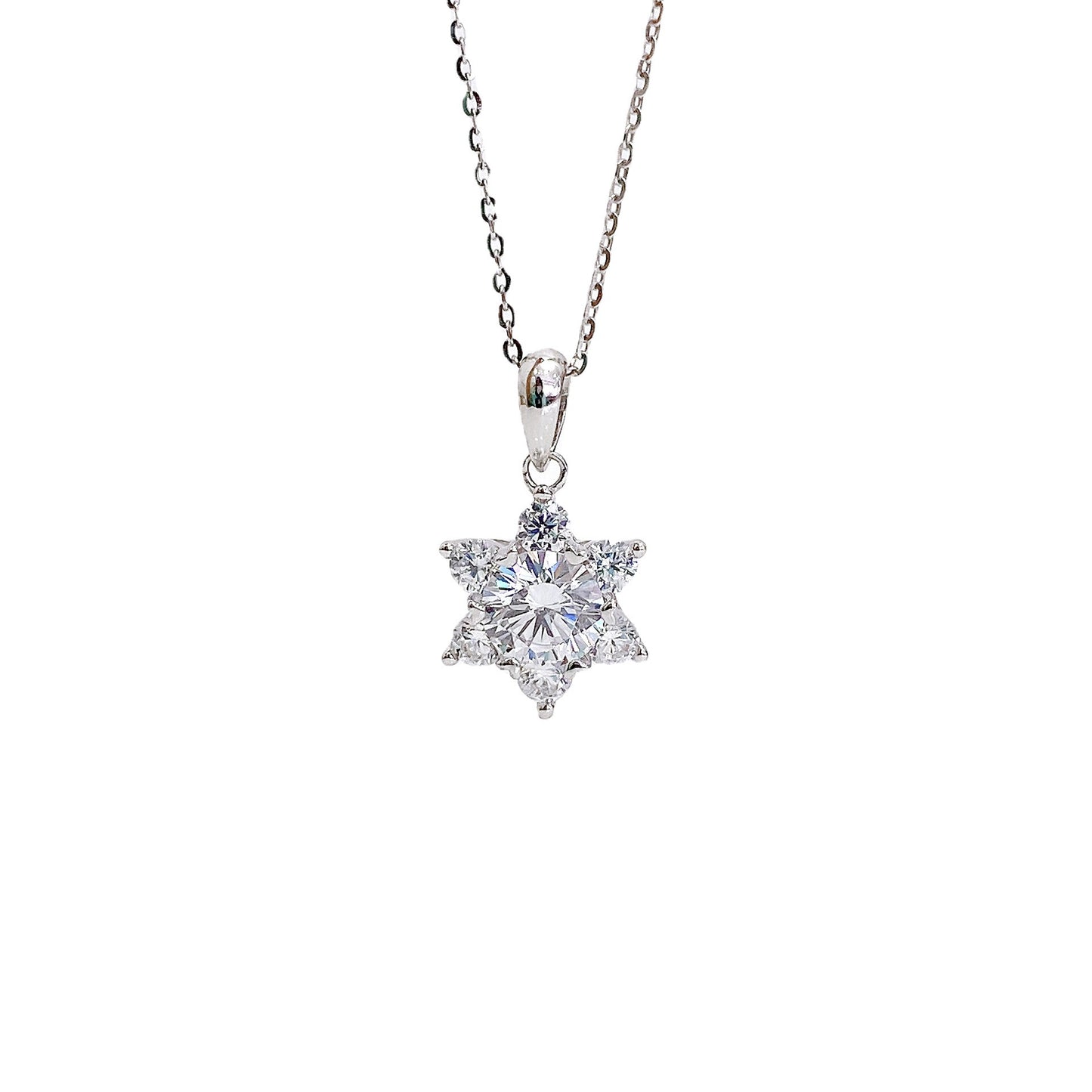 Round Zircon Hexagram Pendant Silver Necklace for Women