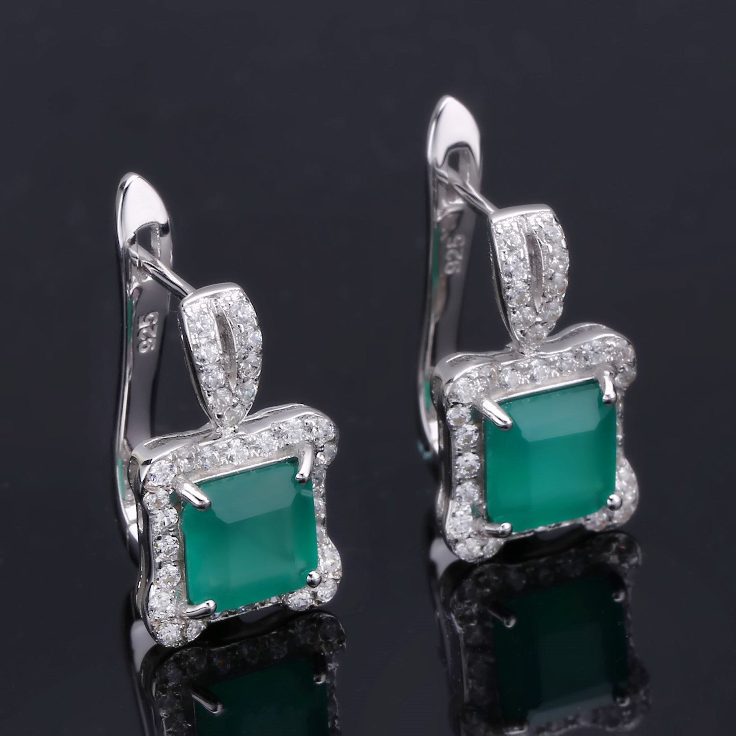 Natural Green Agate Soleste Halo Square Silver Studs Earrings for Women