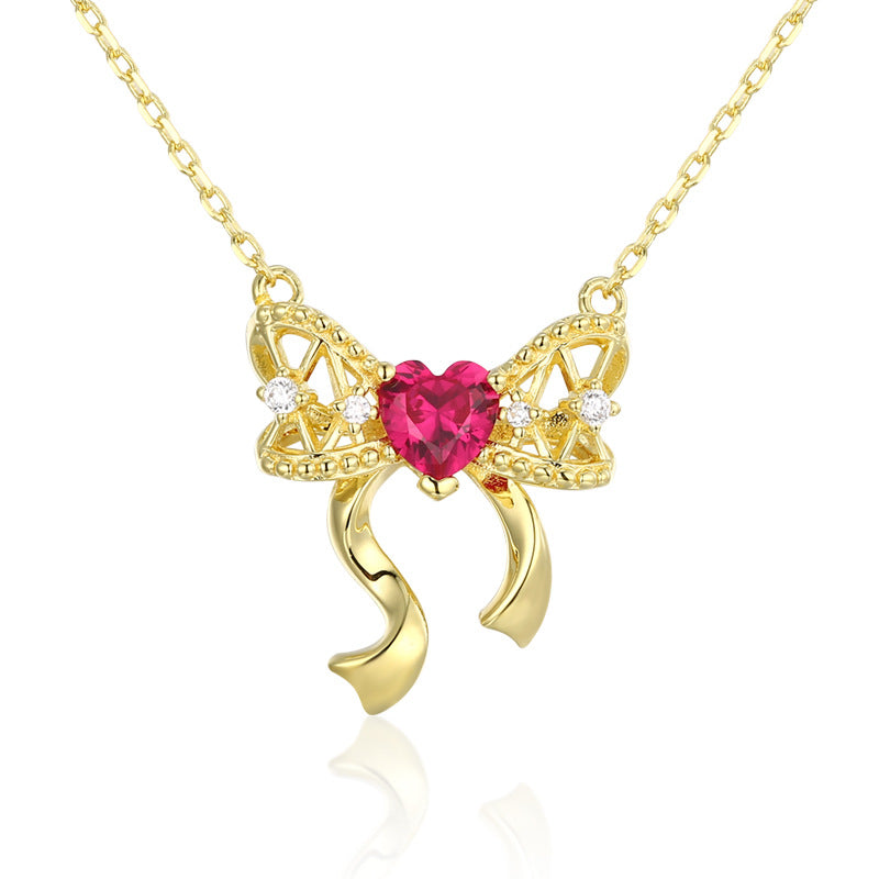 Heart Red Corundum with Zircon Hollow Bow Silver Necklace for Women